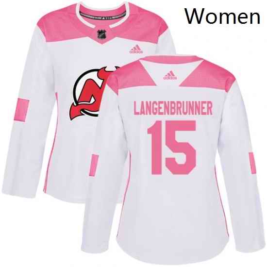 Womens Adidas New Jersey Devils 15 Jamie Langenbrunner Authentic WhitePink Fashion NHL Jersey
